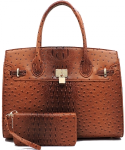 Ostrich Embossed Large Satchel Set OS1096W TAN